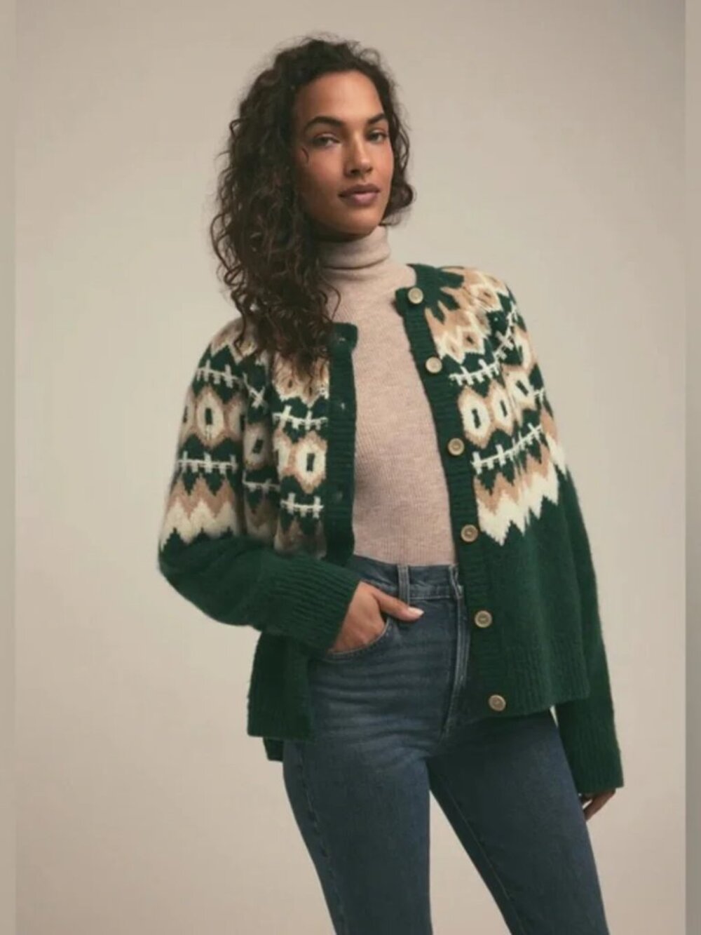 Favorite Daughter "The Snowed In Cardigan" in Green Fair Isle, Size Medium - Picture 5 of 13